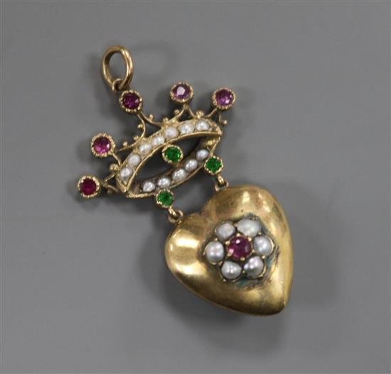 An early 20th century 9ct gold heart and coronet pendant, in the suffragette colours, set with garnets?, pearls and green garnets,